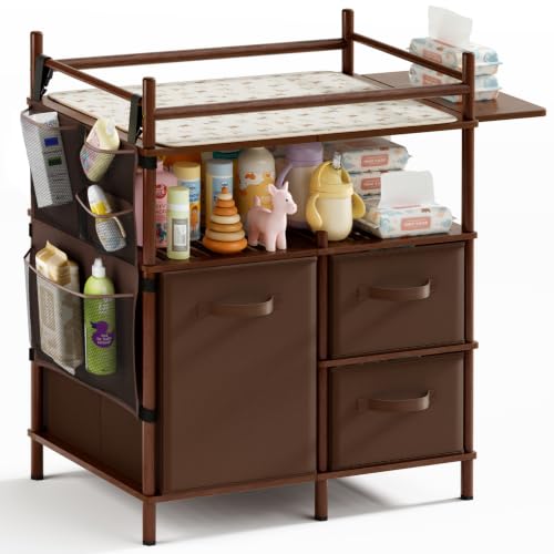 Image of Amazer Baby Changing Table, Bamboo Baby Dresser Table with Flat Top, Diaper Changing Station with 3 Removable Storage Drawers, Large Storage Nursery Organizer Shelves with Pad, Mesh Pocket