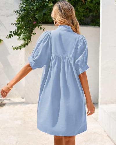 Image of YEXPINE Women's Ruffle Collar High Neck Mini Dress Puff Short Sleeve Cotton Babydoll Peplum Dresses with Pockets
