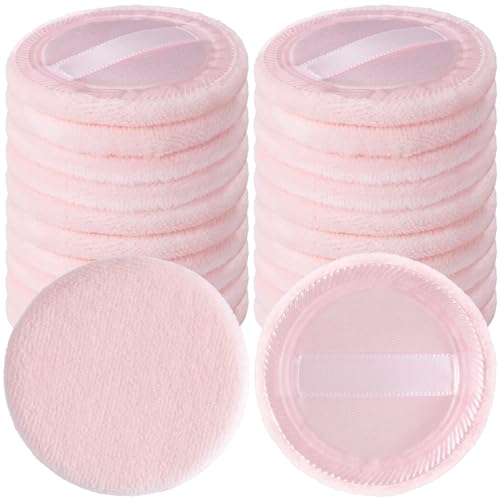HINZIC 25 Pack 60mm Round Powder Puffs for Foundation Makeup Applicators, Soft Cotton Skin-Friendly Face Powder Sponge Velour Velet Puffs Pads for Cream Cosmetics- Pink