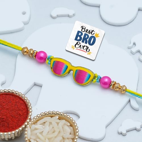 Image of eCraftIndia Chashma Sunglass Design Rakhi for Kids Girls Boys with Best Bro Ever Fridge Magnet | Raksha Bandhan Kids Rakhi for Brother Bhaiya Bhai | Roli Chawal Pack