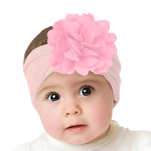 Image of SYGA Baby Headbands Nylon Flower Soft Stretchable Hairband for Newborn Infant Toddler Kids For 0-3 Year - Cream Pink