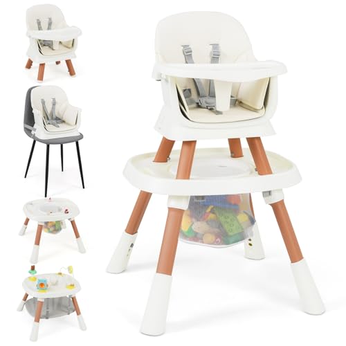 LIFEZEAL Trona para Bebé, Trona Convertible con Arnés de Seguridad y Bandeja, Silla Combinada con Cesta de Almacenaje de Red, Sillita de Comedor para Niños a Partir de 6 Meses (Blanco)