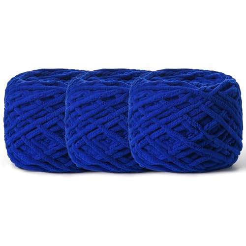 Image of 3 Pack Fluffy Chenille Chunky Yarn for Crocheting 100g(65.6yd) - Baby Yarn for Crocheting Soft - Velvet Yarn for Crochet Blanket - Amigurumi Crochet Yarn（Sapphire Blue