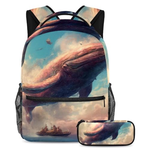 Cartable grande capacité robuste avec trousse assortie bleu océan motif baleine ciel