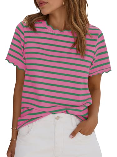 Tankaneo Womens Short Sleeve Striped Tshirts Summer Color Block Scalloped Tops Trendy Casual Basic Tee Shirts Pink