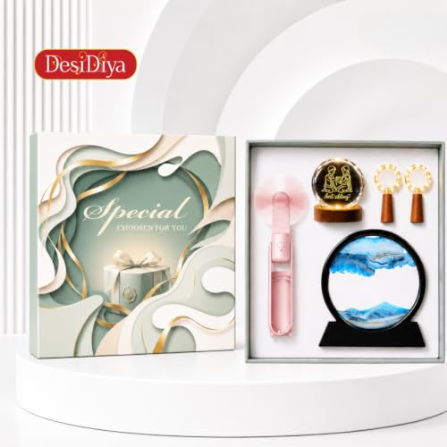 Image of Desidiya Raksha Bandhan Gift Combo for Brother & Sister, 5 Pcs Gift Set | LED Crystal Ball Lamp, Sand Art Lamp, USB Rechargeable Fan & Decor Lights | Unique Add-On Gift for Rakhi