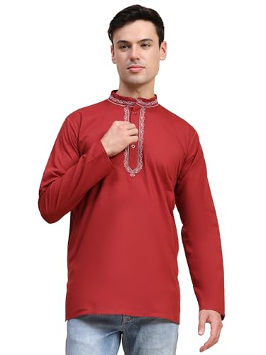 Image of SKAVIJ Men's Cotton Embroidered Kurta Shirt - Long Sleeve Traditional Indian Tunic for Casual