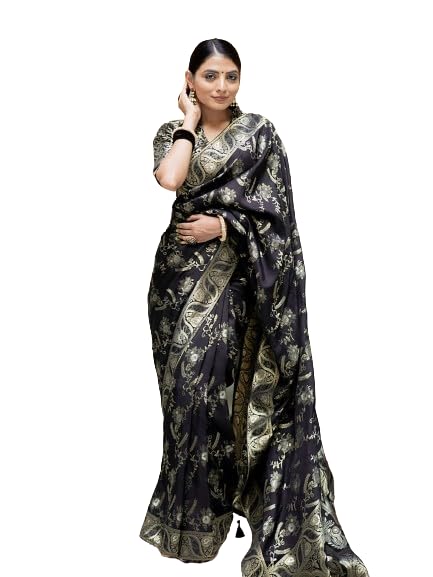 Aldwych Woven Banarasi Silk Saree with Blouse Piece (Black)-picture-56