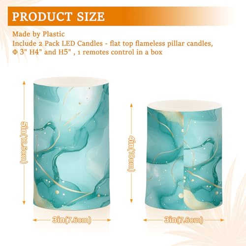 Image of Turquoise Green Marble Flickering Flameless Candles LED Battery Operated with Remote Timer Pillar Candles for Home Birthday Wedding Christmas Decor, Set of 2
