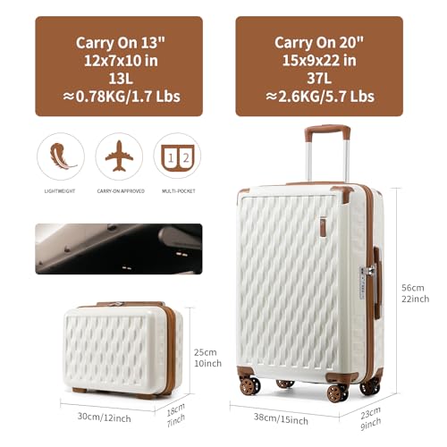 Somago Carry On Luggage 20 Inch Airline Approved PC ABS Hardside Lightweight 2 Piece Suitcase with Spinner Wheels TSA Lock YKK Zippers Woven Pattern (13"/20", White)4