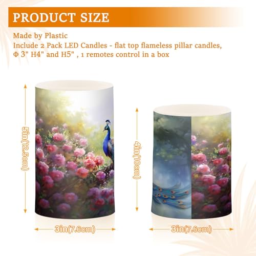 Image of Flickering Flameless Candles, Peacock Flowers LED Candles with Remote Timer, Set of 2 Battery Operated Candle for Valentine Wedding Birthday