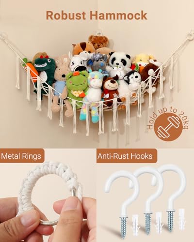 iKeelo Teddy Hammocks, Corner Toy Storage Net for Stuffed Animals, Boho Style Nursery Hanging Organizer for Kids Bedroom and Playroom, Beige