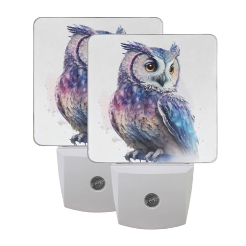 Image of Owl Watercolor Night Lights 2 Pack Plug-in Wall Led Nightlight Auto Dusk-to-Dawn Sensor Lamps for Bedroom Kitchen Bathroom