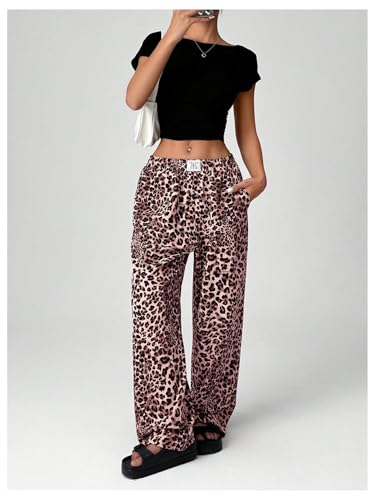 Image of RoseSeek Women's Letter Leopard Print Y2K Straight Elastic Waist Leg Pants | Cheetah Print, Straight, Baggy Loose Fit, Slant Pocket, Streetwear, Vintage, Graphic Trousers