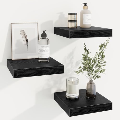 Acovy 25cm Floating Shelves, 25cm Deep Floating Shelf Wall Mounted, Wall Shelves, Rustic Deep Bookshelf, Large Display Shelves & Storage Shelves for Bedroom, Living Room, Black, Set of 3