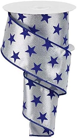 Craig Bachman メタリックリボンに2.5インチシルバースター(10ヤード) - ネイビーブルーの星のデザイン、クラフト、