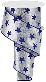Craig Bachman 2.5" Silver Stars on Metallic Ribbon (10 Yards) - Navy Blue Star Design, Durable Wired Edge for Crafting, Floral Arrangements, Gift Wrapping, and Sports-Themed Decor