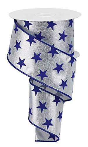 Craig Bachman 2.5" Silver Stars on Metallic Ribbon (10 Yards) - Navy Blue Star Design, Durable Wired Edge for Crafting, Floral Arrangements, Gift Wrapping, and Sports-Themed Decor