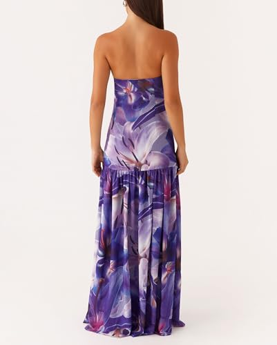 Image of Women Floral Strapless Maxi Dress Y2K Bodycon Tube Long Dresses Sexy Party Formal Cocktail Beach Slit Dress