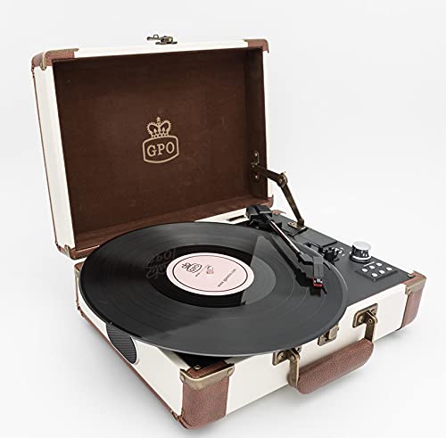 GPO Ambassador Bluetooth Turntable 3-Speed, Built-In Stereo Speakers and USB Stick for Recording Vinyl to MP3 - Cream / Tan