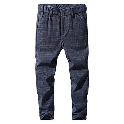 Men's Linen Stretch Comfort Pant Straight Fit Plaid Tapered Suit Pant Lightweight Slim Business Striped Trousers (Dark Blue,38)