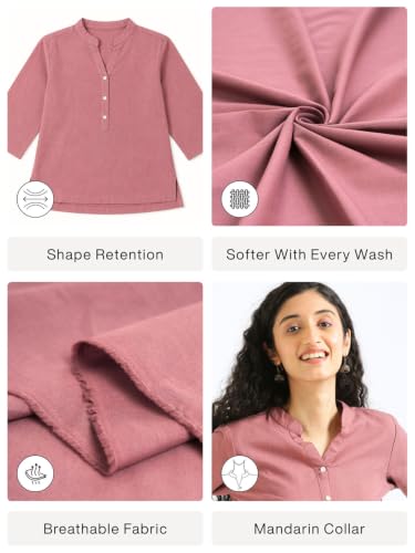 Image of SAADAA Women Short Kurti Airy Linen Regular Fit Kurta with 3 /4th Sleeves, Mandarin Collar, Side Slit Perfect for Casual, Formal, and Ethnic Wear