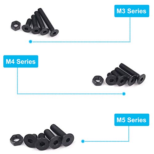 Comdox 500pcs Alloy Steel Socket Cap Screws Hex Head Bolt Nuts Assortment Kit with Box, M3 M4 M5 Thread Size, Black Oxide Finish (Flat Head)