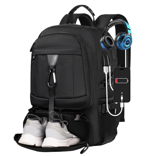 Large Travel Backpack for Men Women,Carry on Backpack with Shoe Compartment USB Charging Port,College Backpack,Bookbag fit 17.3 Inch Laptop for Business Hiking Camping (Fits 4.92-5.91 ft height)