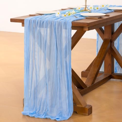 Image of Socomi Blue Cheesecloth Table Runner Summer Light Blue Boho Rustic Gauze 120 inch 10FT Cheese Cloth Sheer Runner for Wedding Party Baby Shower Birthday Home Decor Holiday Decorations
