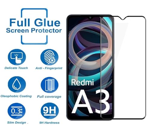 Image of SENBUN Tempered Glass Screen Protector Compatible for Redmi A3 5G with Edge to Edge Coverage and Easy Installation Kit, Pack of 1, Black
