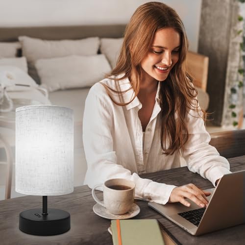 Image of DEGNJU Small Bedside Lamp, Mini Minimalist Table Lamp with Round Flaxen Fabric Shade, 9 Inch Desk Reading Lamp for Bedroom, Living Room, Office, 1 Pack