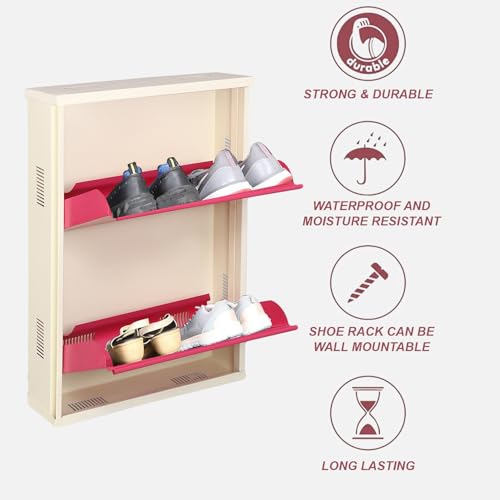 Image of Metal Shoe Rack Wall Mounted for Home with Central Locking 2 Door 20 inch Wall Mounted Metal 4 Pair Rack Cabinet Pre-Assembled Shoe Rack Shelves 3 Years Warranty (Pink & Ivory)