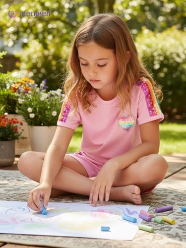 Image of WELAKEN Girls 2 Piece Outfit Kid Toddler Heart & Rainbow Sequin Striped T-shirt and Shorts Clothing Set