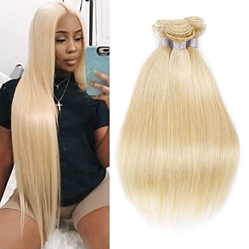 Brazilian 613 Blonde Human Hair 3 Bundles Silky Straight Weave Weft Bundles Blonde Brazilian Straight Hair Extensions (12 14 16) inch