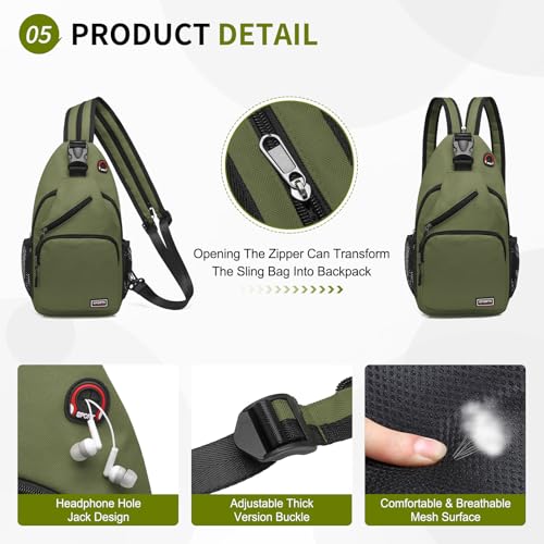 Image of Convertible Sling Bags for Women Men, Lightweight Crossbody Backpack Daypack Fit for 11 inch Tablet for Casual Travel Sport Hiking (Dark Green)
