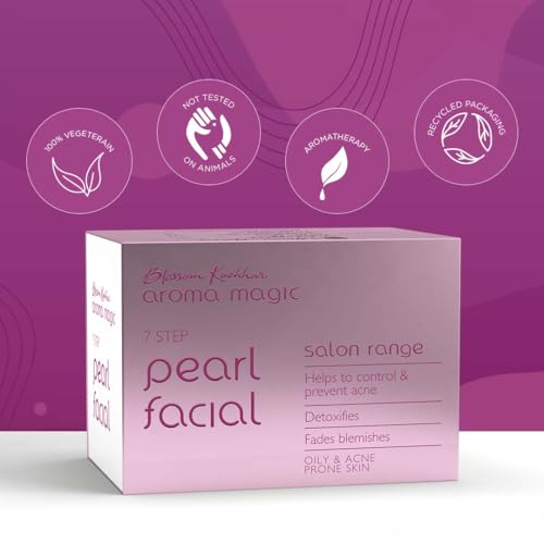 Aroma Magic 7 step Pearl Facial Kit Salon Range | Anti-Acne, Detox & Lighten blemishes | Pearl Bhasma, Seaweed Extracts | Oily & Acne Prone Skin | 5 Single Use Kit Set | Pack of 1