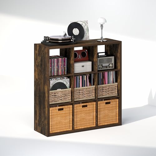 Image of Furinno Cubicle Record Player Stand, 9-Cube Record Storage, Amber Pine | Vinyl Storage, 1.2 inchInch Extra Thick, Open Back Media Shelf for CD DVD Bluray Game Disc, for Living Room, Home Office