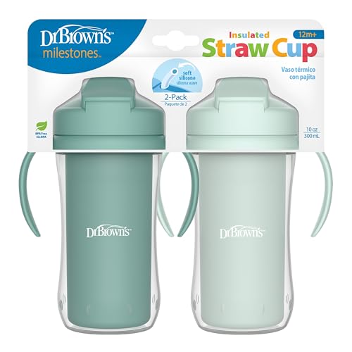 Dr. Brown's Milestones Insulated Sippy Cup with Straw and Handles, Spill-Proof Tumbler with Lid, 2-Pack, Green, 10 oz/300 mL, BPA Free, 12m+