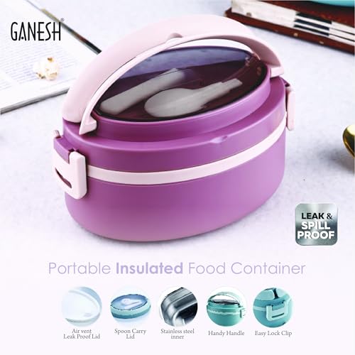 Image of Ganesh 1 Compartment Vega Portable Insulated Food Container with Attractive Spoon - Airtight Leak-Proof Lunch Box for Office, School, Picnic - 400ml Peach