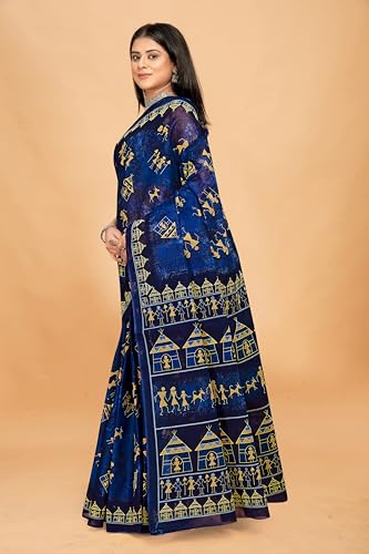 Tamaira Fashion Women's Warli Printed Pure Cotton Mulmul Saree Without Blouse Piece(11582_Indigoblue)