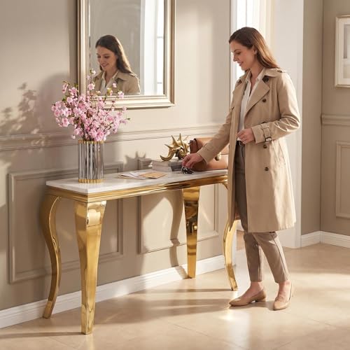 Image of Luxury Coffee Table Set of 3, Coffee Table with End Table, Sofa Console Table, Modern 3 Piece Living Room Table Set with Faux Marble Top & Gold Stainless Steel S Legs for Apartment Home Office