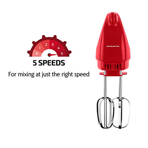 Image of OVENTE Portable Electric Hand Mixer 5 Speed Mixing, 150W Powerful Blender for Baking & Cooking with 2 Stainless Steel Chrome Beater Attachments & Snap Clear Case Compact Easy Storage, Red HM161R