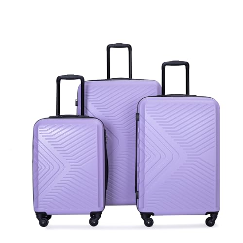 3 Piece Lightweight Hard Shell Luggage Set with Lock and Wheels - Light Purple Suitcases for Travel