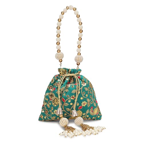 Image of LONGING TO BUY Indian Embroidered Pearl Potli Bag For Women, Sequence Design with Tassel, Wedding Potli Bags