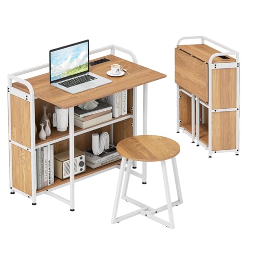 COSTWAY Schreibtisch klappbar mit Steckdose, Klapptisch mit...