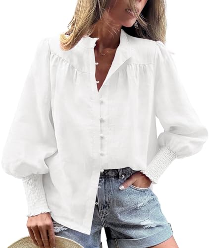 long sleeve dress blouses PRETTYGARDEN Women's Spring Tops Dressy Casual Button Down Smocked Cuffed Office Business Work Shirts (White,L) at Amazon Women's Clothing store Long Sleeve Tops Fall Lining:Fully Linen LUNA TIE DYE OPEN LowStock:42198963028019