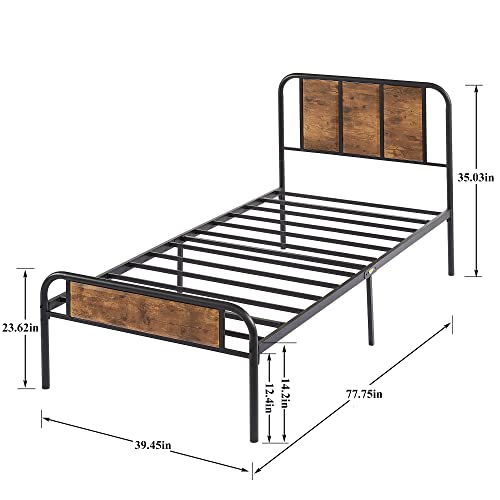 VECELO-Bed-Frame-with-Wooden-Headboard-Metal-Slats-High-Metal-Platform-Bed-No-Box-Spring-NeededTwin-Vintage-Brown
