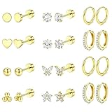 Matomtak 12ペア サージカルステンレス ピアス セット ネジ式 金属アレルギー対応 ピアス 蝶 ハート 星 ボール フープ ジルコン シンプル 両耳 ァーストピアス セカンドピアス アクセサリー ゴールド ヘリックスピアス