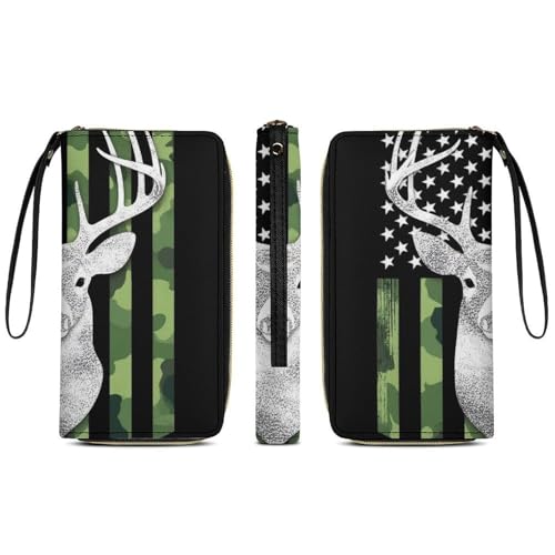 Women's Stylish Wallet, Waterproof Travel Card Organizer Holder Case with Zipper Camouflage American Flag Hunting Deer Camo Multiple Card Slots Purse