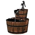 S AFSTAR 2-Tier Barrel Water Fountain Outdoor, Rustic Cascade Water Fountains with Hand Pump & Adjustable Water Flow, Freestanding Fountains for Garden Patio Backyard Porch Decor